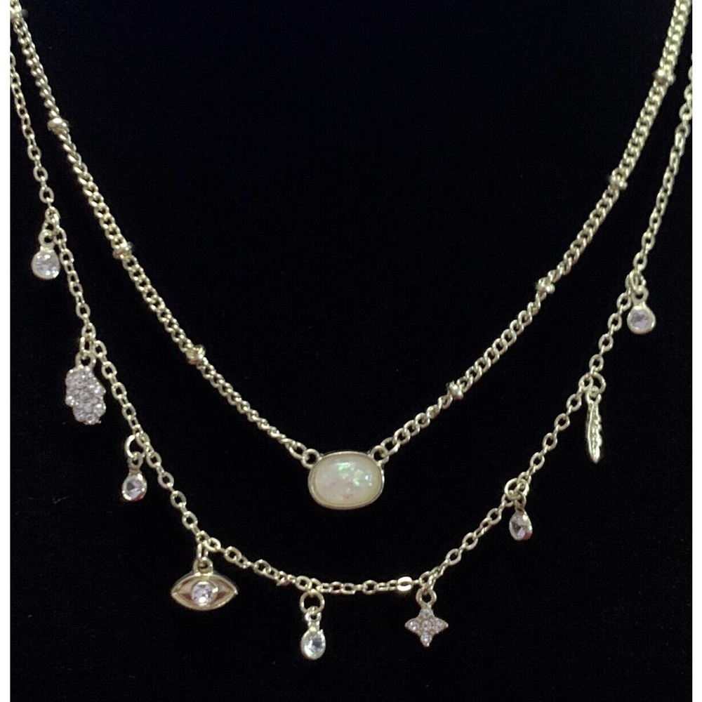 JULES SMITH 14" Gold Tone Double Strand Necklace w/ Sparkle Beads & Faux Opal - Picture 2 of 4